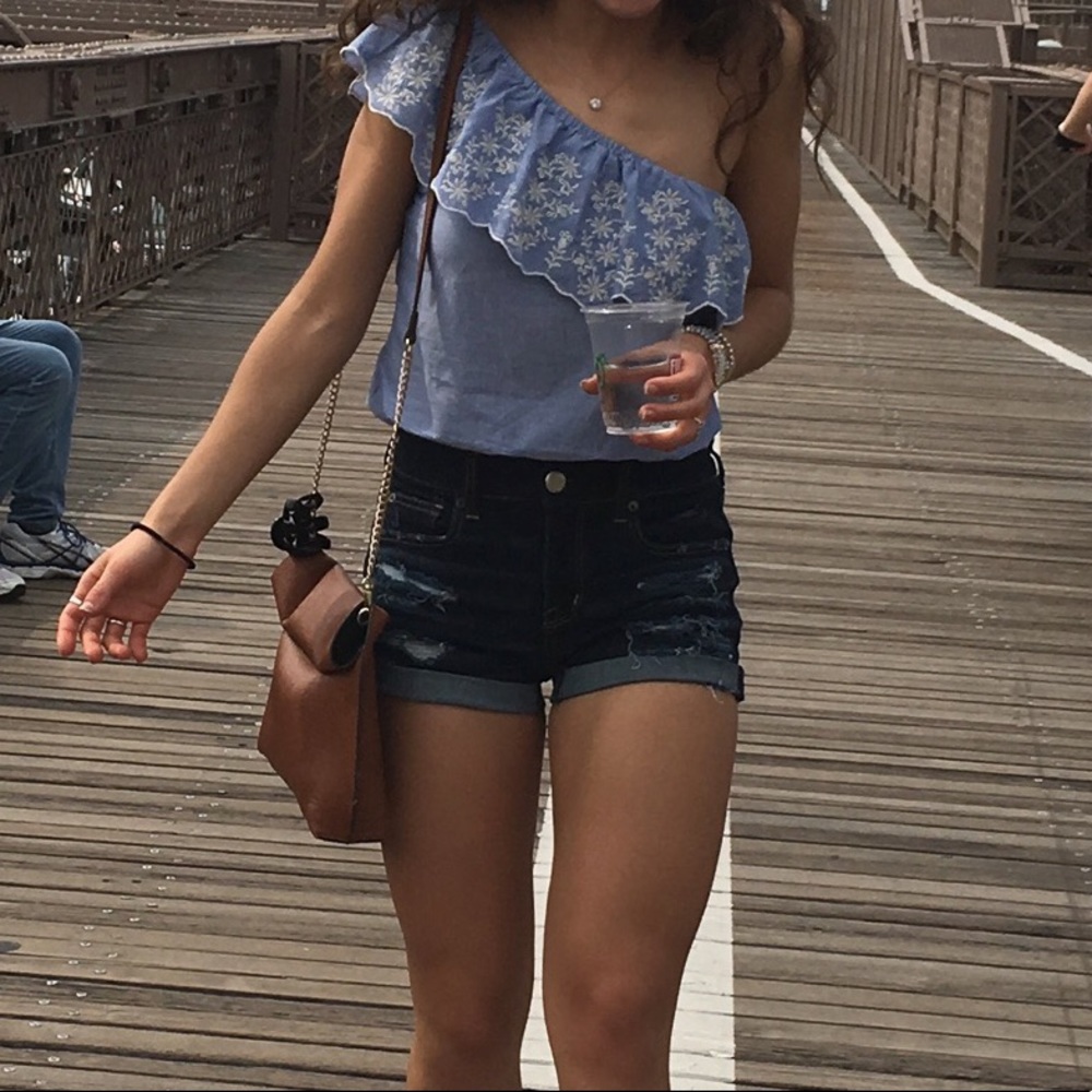 American Rag One Shoulder Ruffle Blue Crop Top - Picture 5 of 6